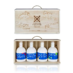 Extra Virgin Olive Oil. Wooden gift box Monovarietals Puerto la Fuente 4 x 500 ml