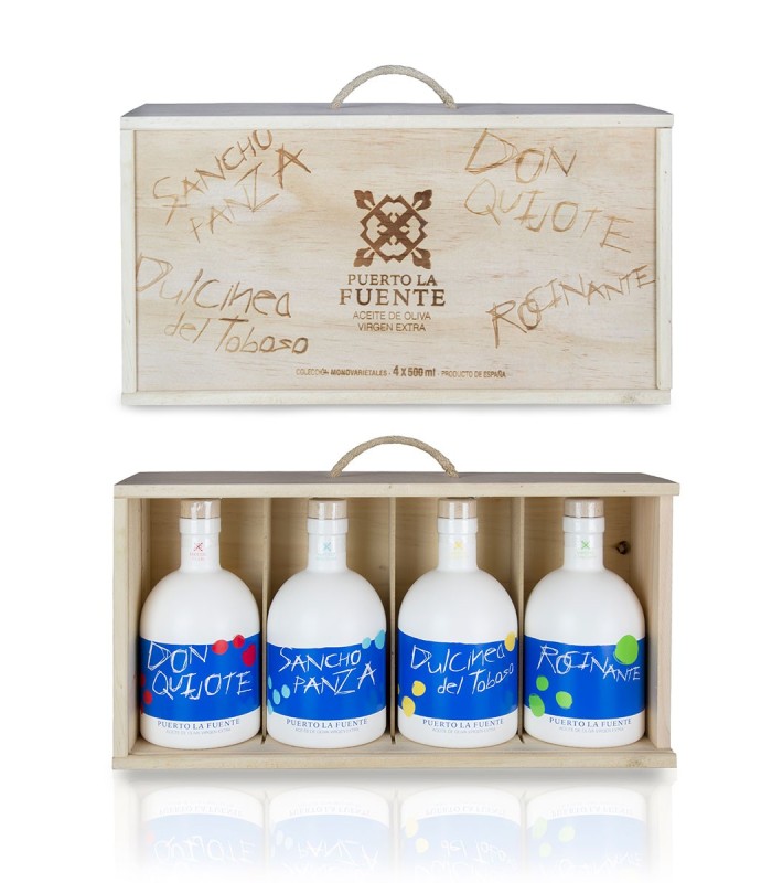 Aceite de Oliva Virgen Extra. Caja madera regalo Monovarietales Puerto la Fuente 4 x 500 ml